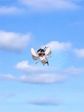 Cartoon Fly Pin With Crystal Wings & Tail, White, Black, Red, & Silver Brooch